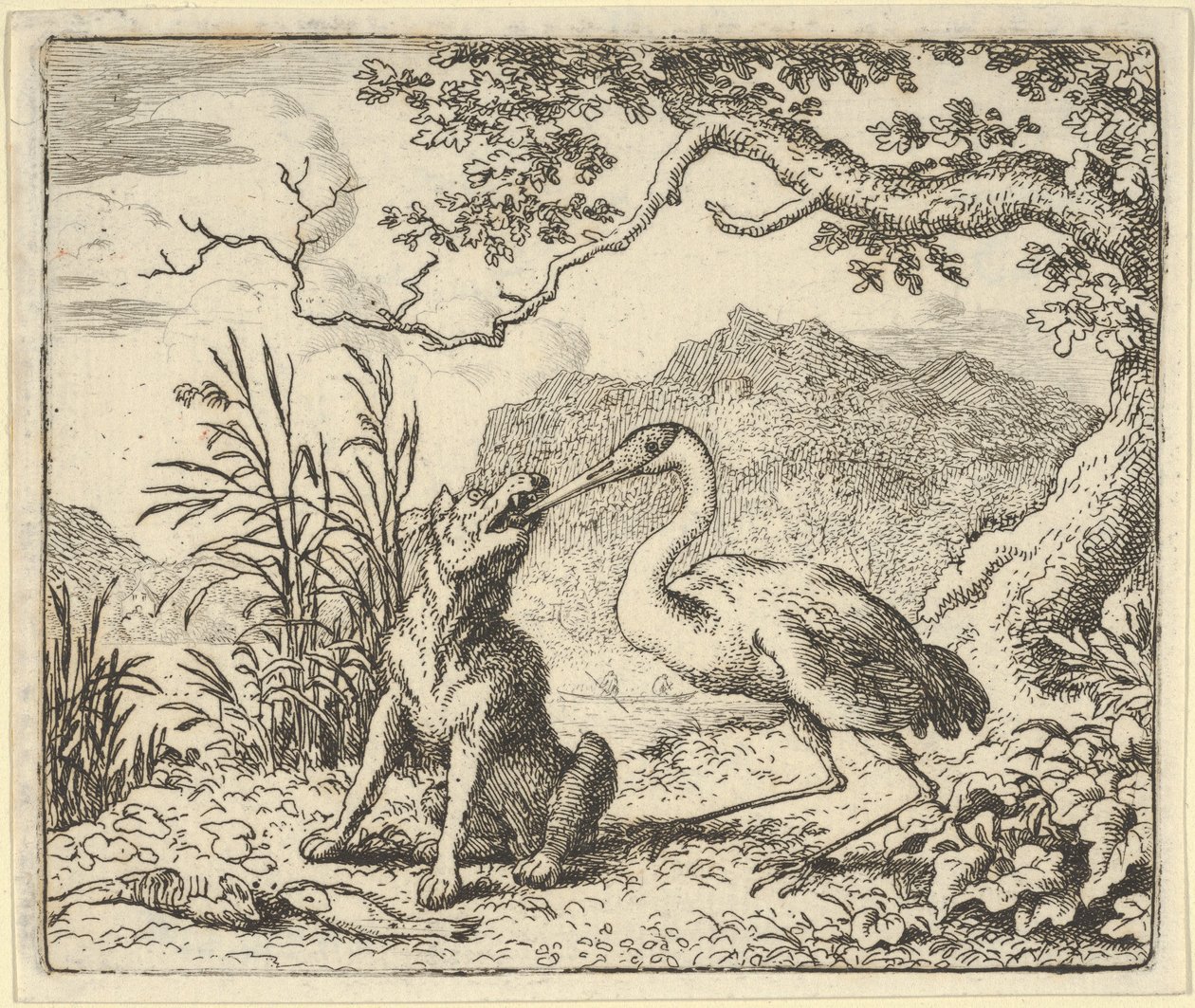 鹳鸟从狼的喉咙里取出一块骨头，来自Hendrick van Alcmar的Renard The F...，1650-75。 作者 阿拉特·范·埃弗丁根