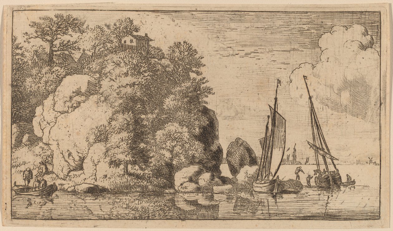 宽阔河流上的两艘船，可能约1645-1656年。 作者 阿拉特·范·埃弗丁根