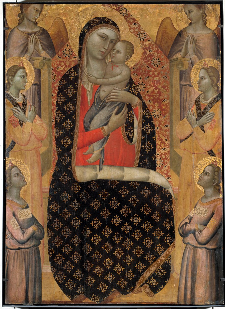 由 Allegretto Nuzi（1350-1375 年）所绘的六位天使祭坛画所环绕的庄严圣母。 暗淡。 138 x 99 厘米。 阿维尼翁，小宫殿博物馆 作者 阿勒格莱托·努兹（Allegretto Nuzi）
