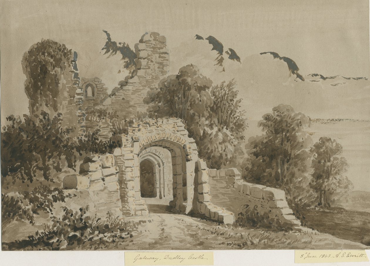 达德利城堡-门户：深褐色的水墨画，1843年6月8日 作者 艾伦·爱德华·埃弗里特