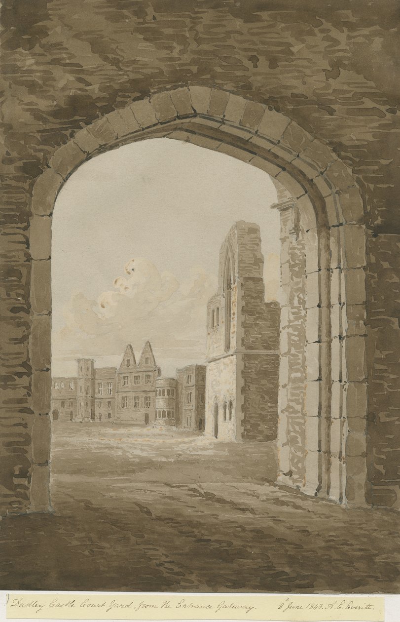 达德利城堡（Dudley Castle）-城堡：深棕褐色素描，1843年6月8日 作者 艾伦·爱德华·埃弗里特