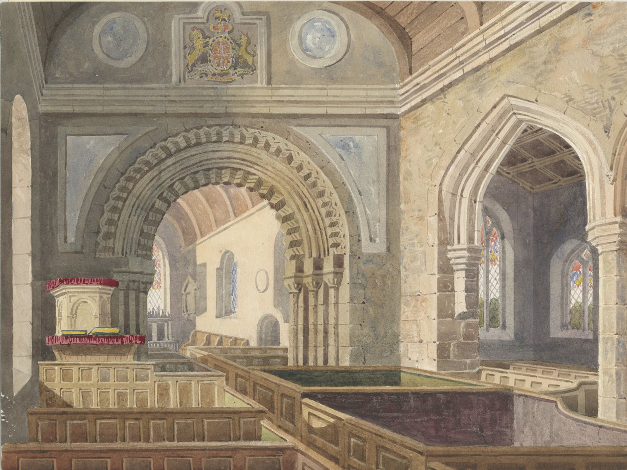 朗登教堂（Longdon Church）内部：水彩画，nd [c 1842] 作者 艾伦·爱德华·埃弗里特