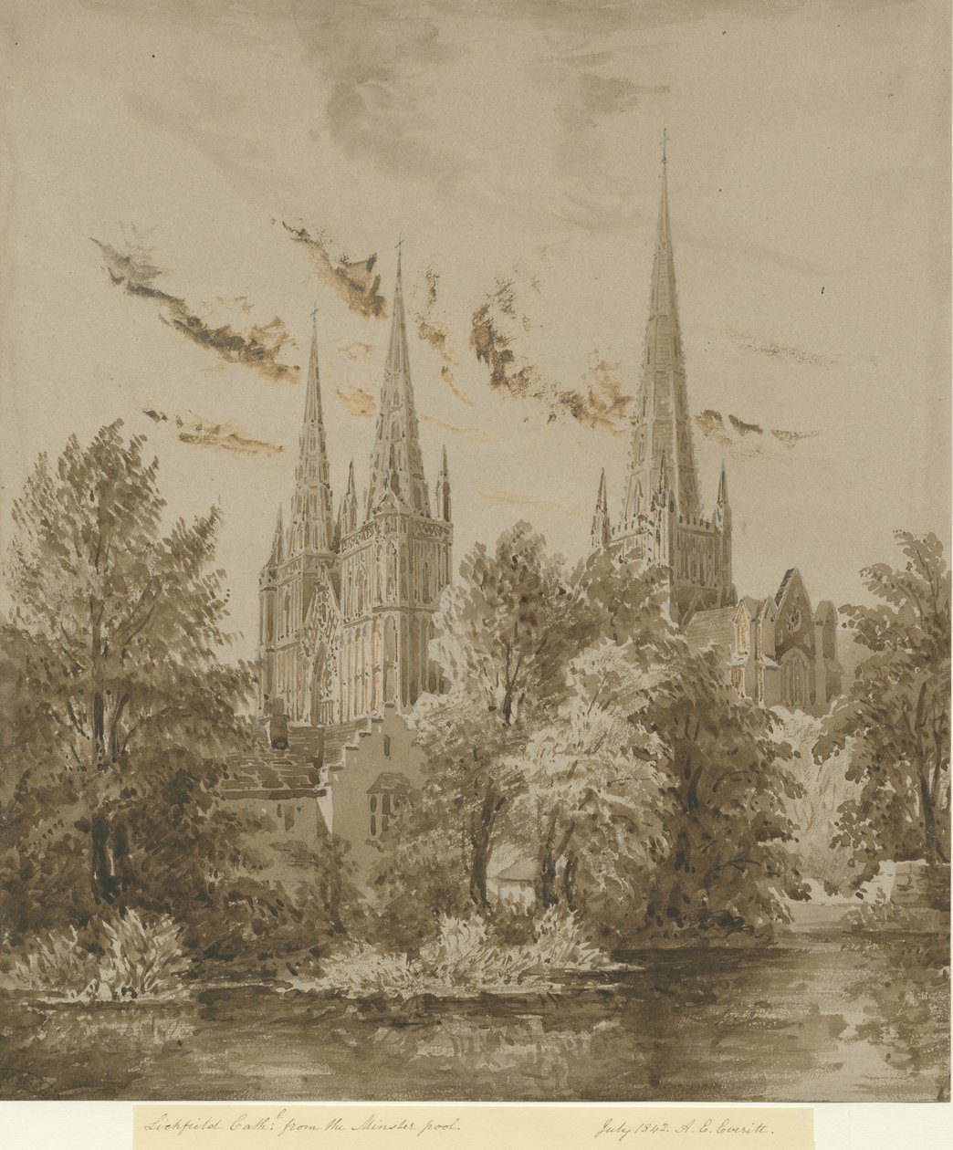利奇菲尔德大教堂-西南景观：乌贼墨画，1842年7月 作者 艾伦·爱德华·埃弗里特