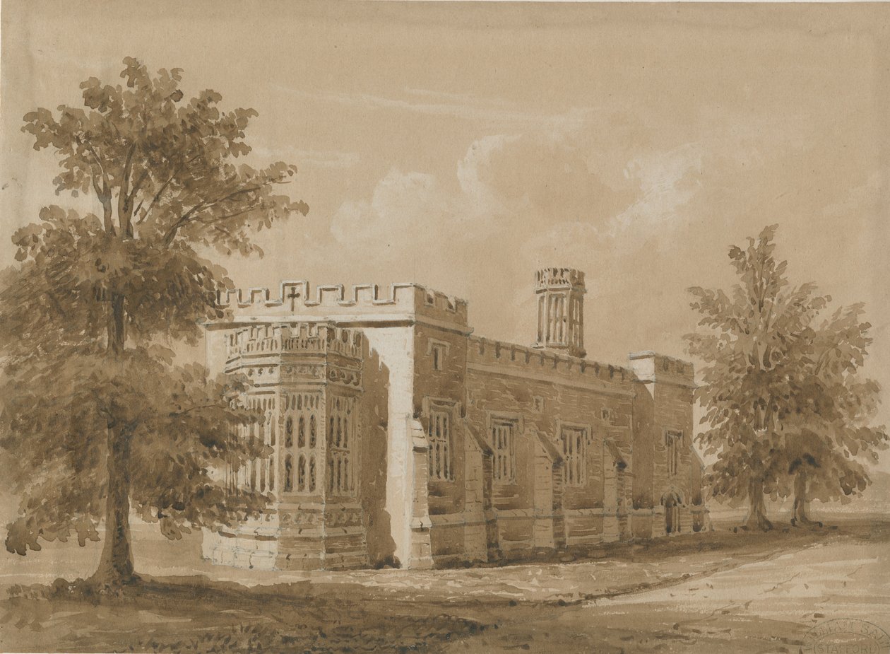 Tixall-Tixall礼拜堂的教堂：红棕褐色水墨画，nd [1842年7月] 作者 艾伦·爱德华·埃弗里特