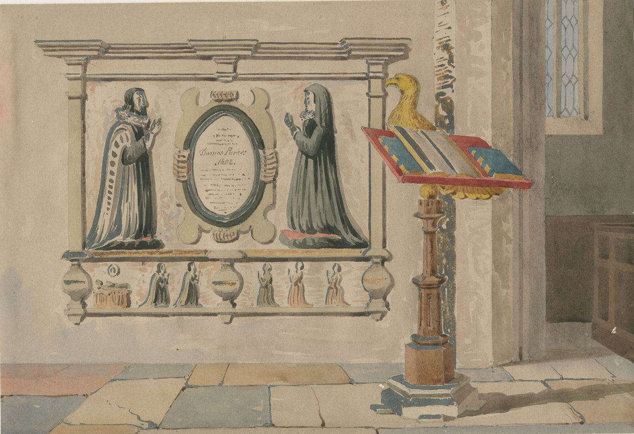 Wednesbury教堂-托马斯和埃莉诺·帕克斯纪念碑：水彩作品，1843年3月23日 作者 艾伦·爱德华·埃弗里特