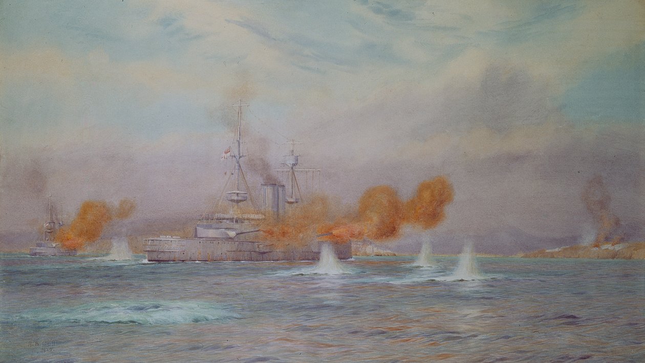HMS Albion由Capt.A. Walker-Heneage指挥，于1915年完成了对达达尼尔海峡外堡垒的破坏，1925年 作者 阿尔玛·克劳德·伯顿·卡尔