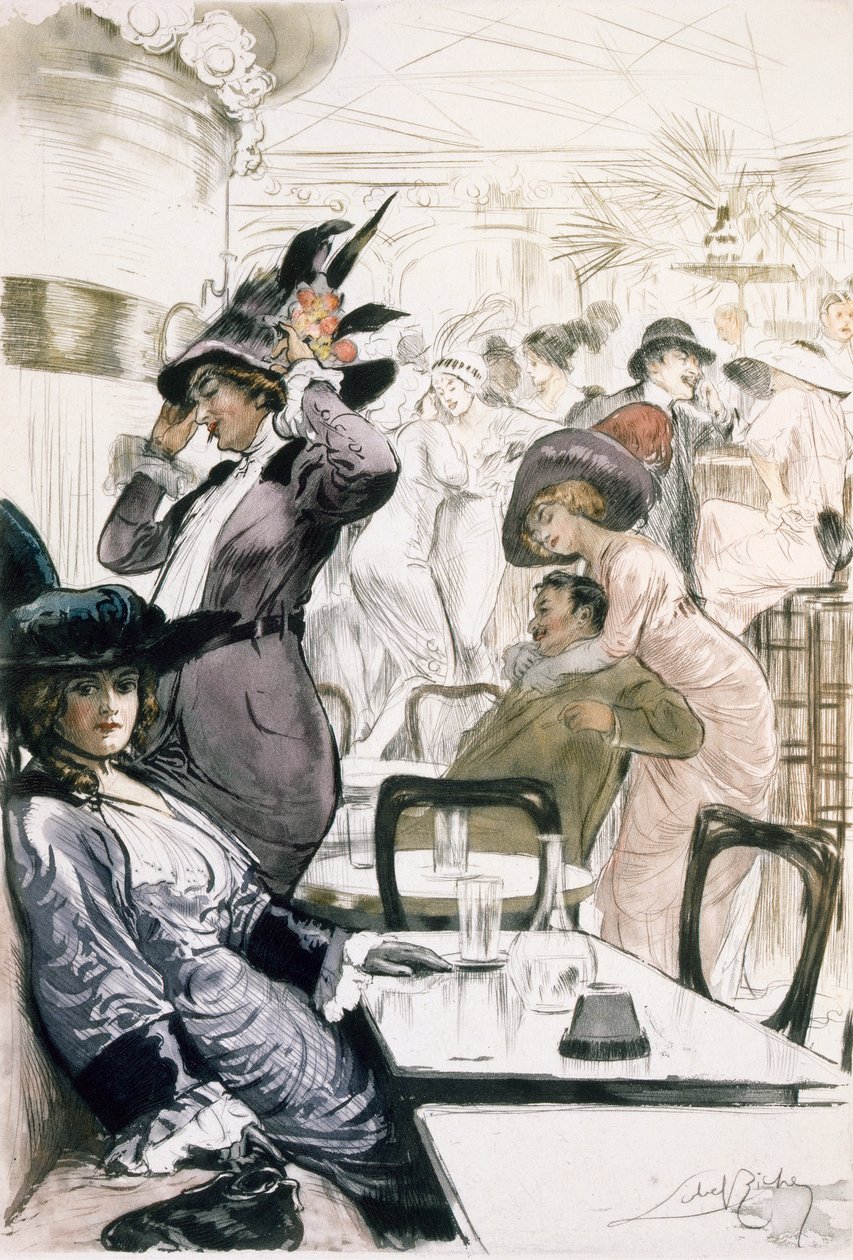 咖啡社会》，选自《巴黎：Moeurs，Costumes et Attitudes 1912-13，Vol.1：Les Bars》，1914 年出版（彩色石印版） 作者 阿尔梅里洛贝尔里奇