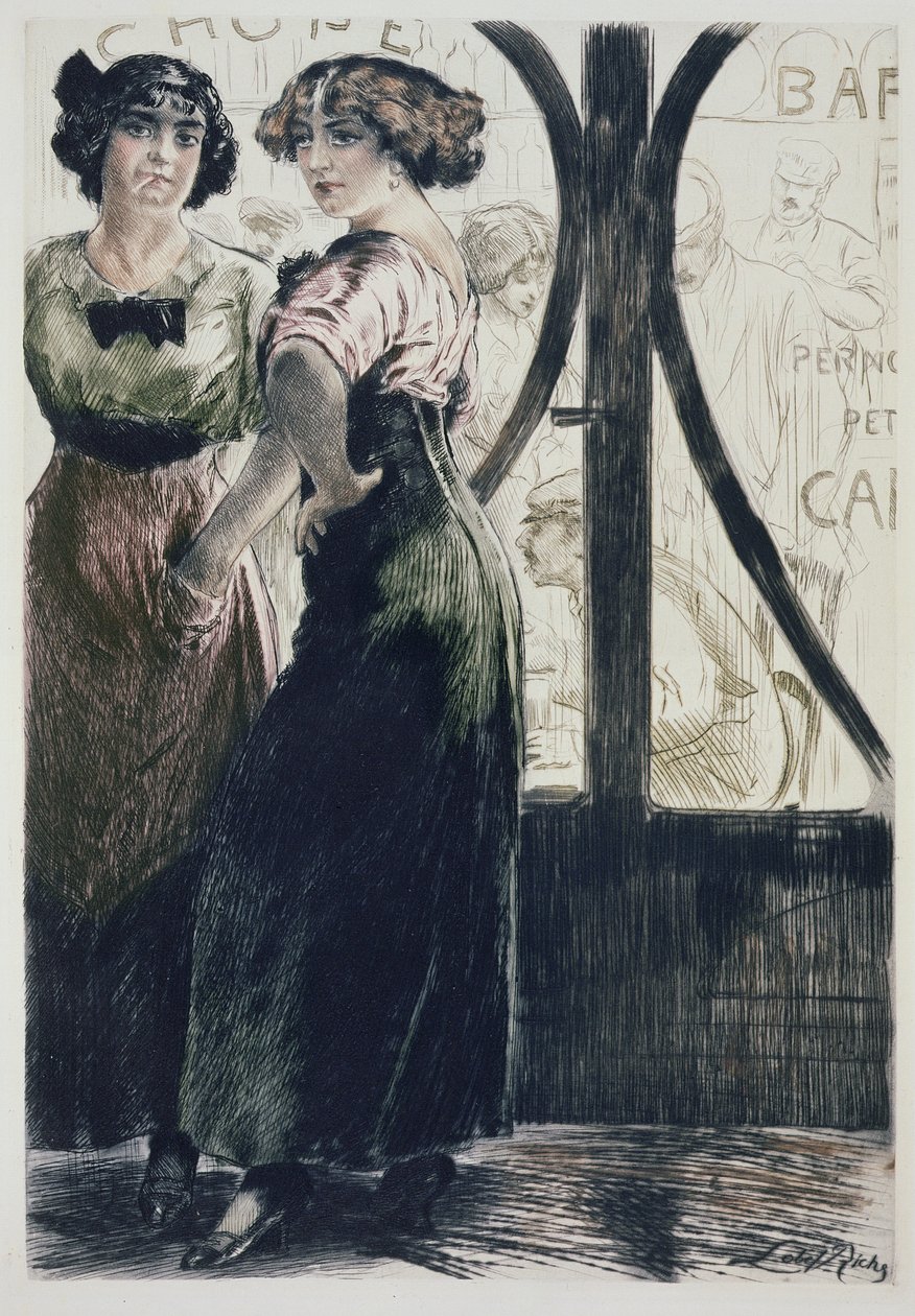 街头女孩》，选自《巴黎：Moeurs，Costumes et Attitudes 1912-13，Vol.1：Les Bars》，1914 年出版（彩色石印版） 作者 阿尔梅里洛贝尔里奇