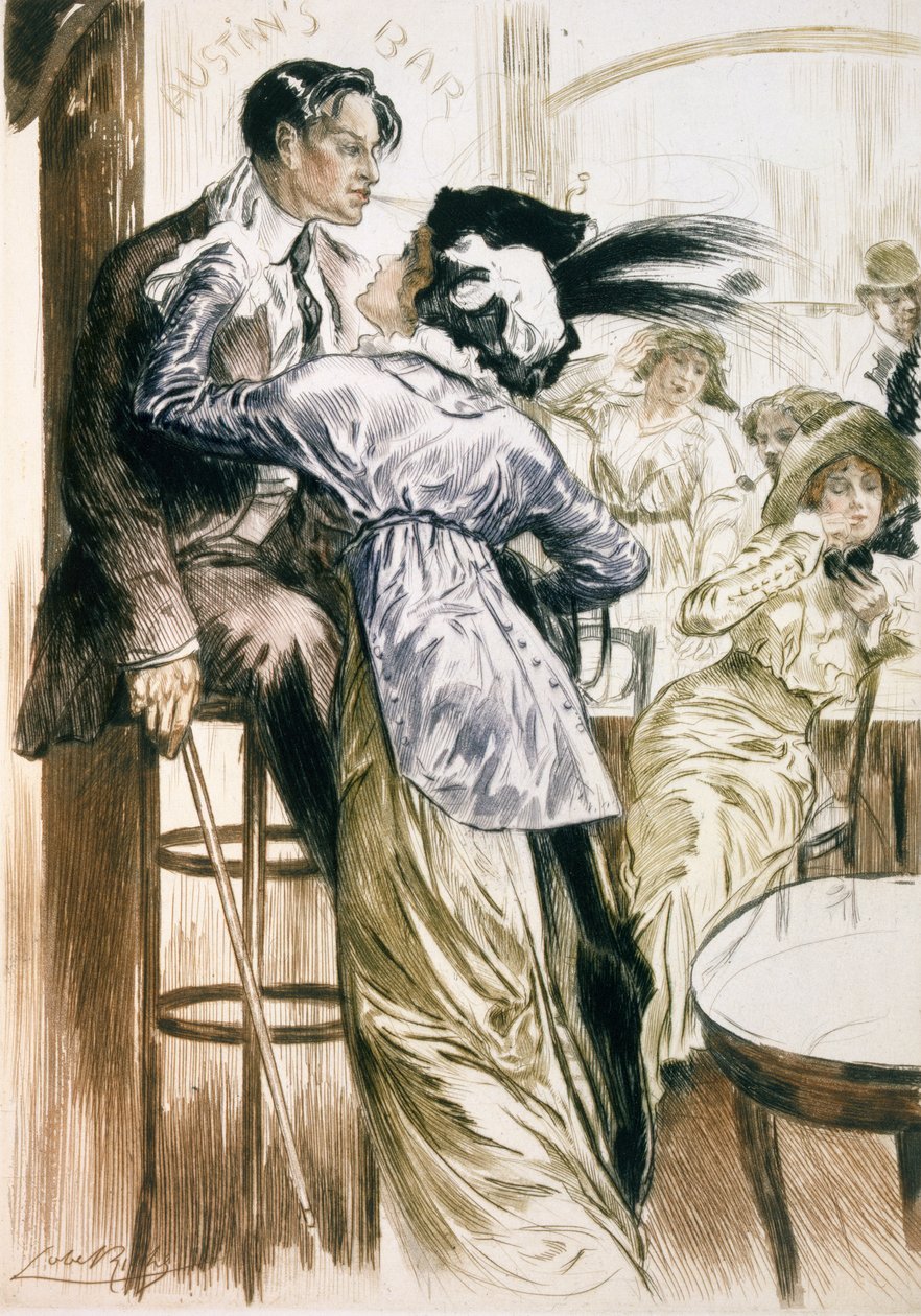 《恋人》，摘自《巴黎：Moeurs、服装与态度 1912-13》，卷。 1：Les Bars，1914 年出版（彩色平版印刷） 作者 阿尔梅里洛贝尔里奇