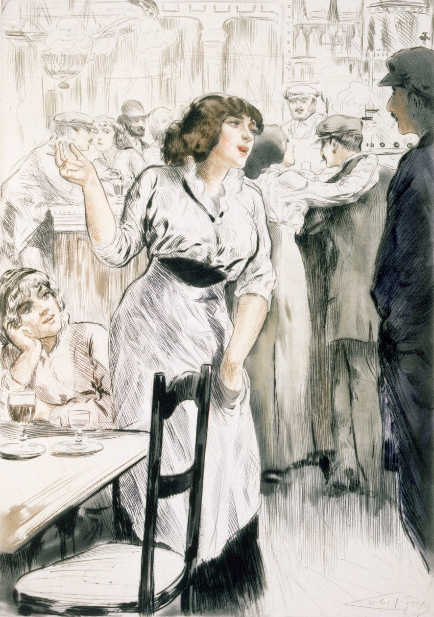 服务员》，选自《巴黎：Moeurs，Costumes et Attitudes 1912-13，Vol.1：Les Bars》，1914 年出版（彩色石印版） 作者 阿尔梅里洛贝尔里奇