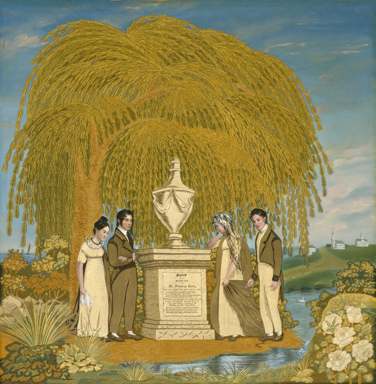 纪念刺绣图片，c。 1815-1820（丝绸塔夫绸，丝绸和丝绸雪尼尔线和水彩画） 作者 Almira attr.to Earle