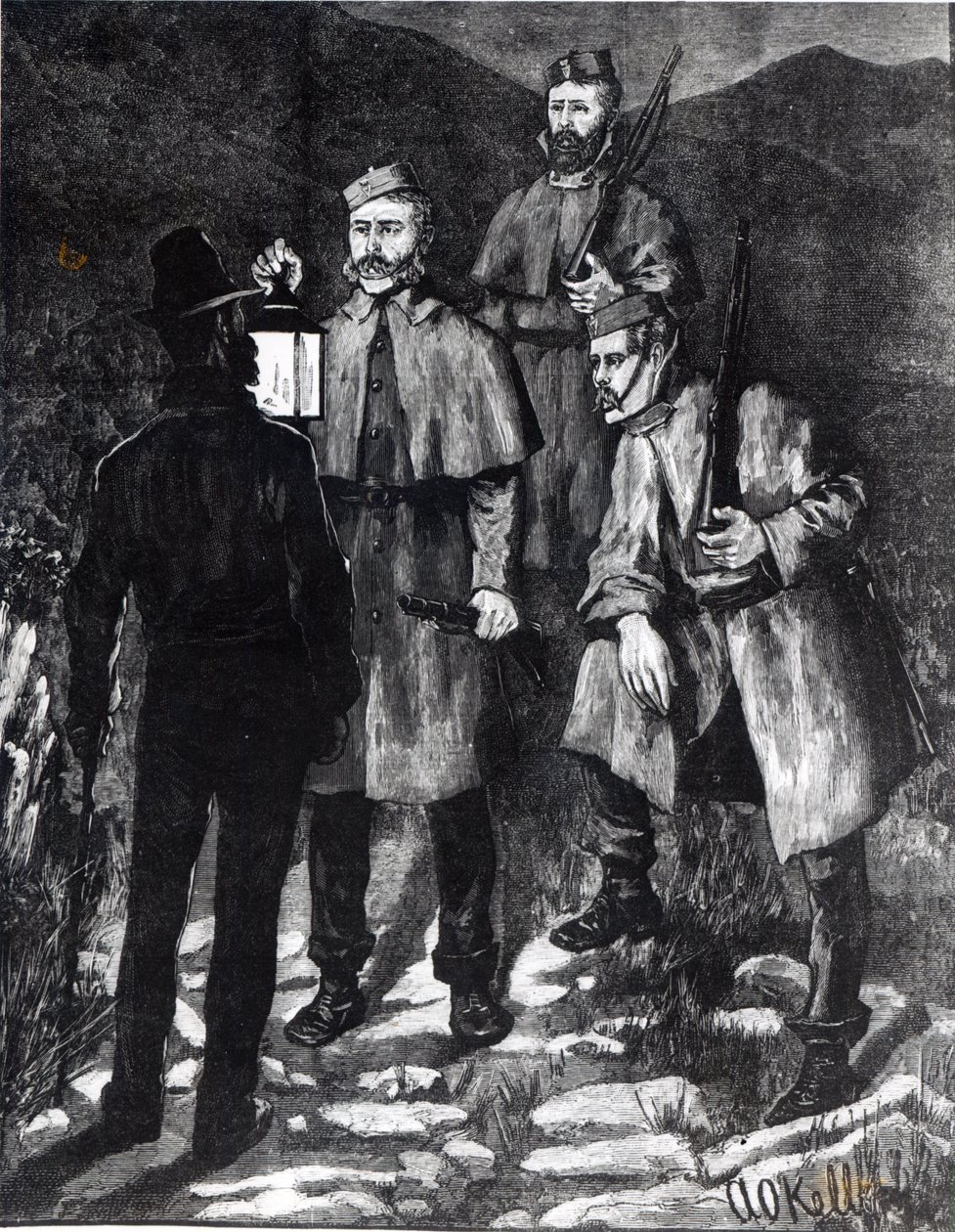 爱尔兰国家：警察巡逻队在1880年的“伦敦新闻报”中挑战了一名可疑人员 作者 Aloysius C. O'Kelly