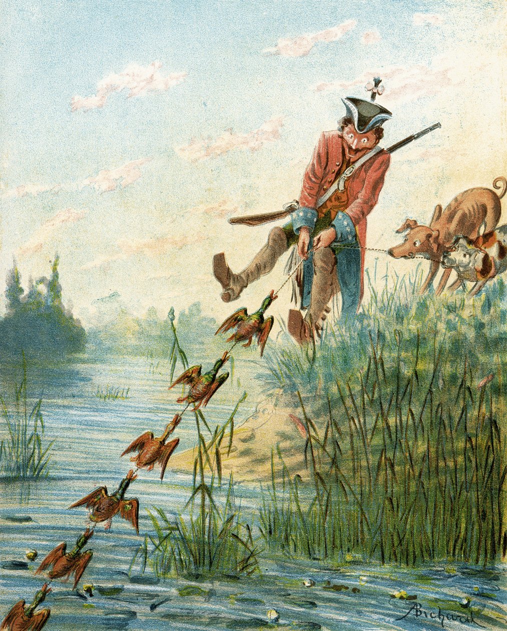 Baron Munchausen捕获带有培根脂肪的鸭子，来自Rudolf Erich Raspe（1736-94）的“男爵Munchausen历险记”发表于c.1886 作者 阿方斯·阿道夫·比哈德