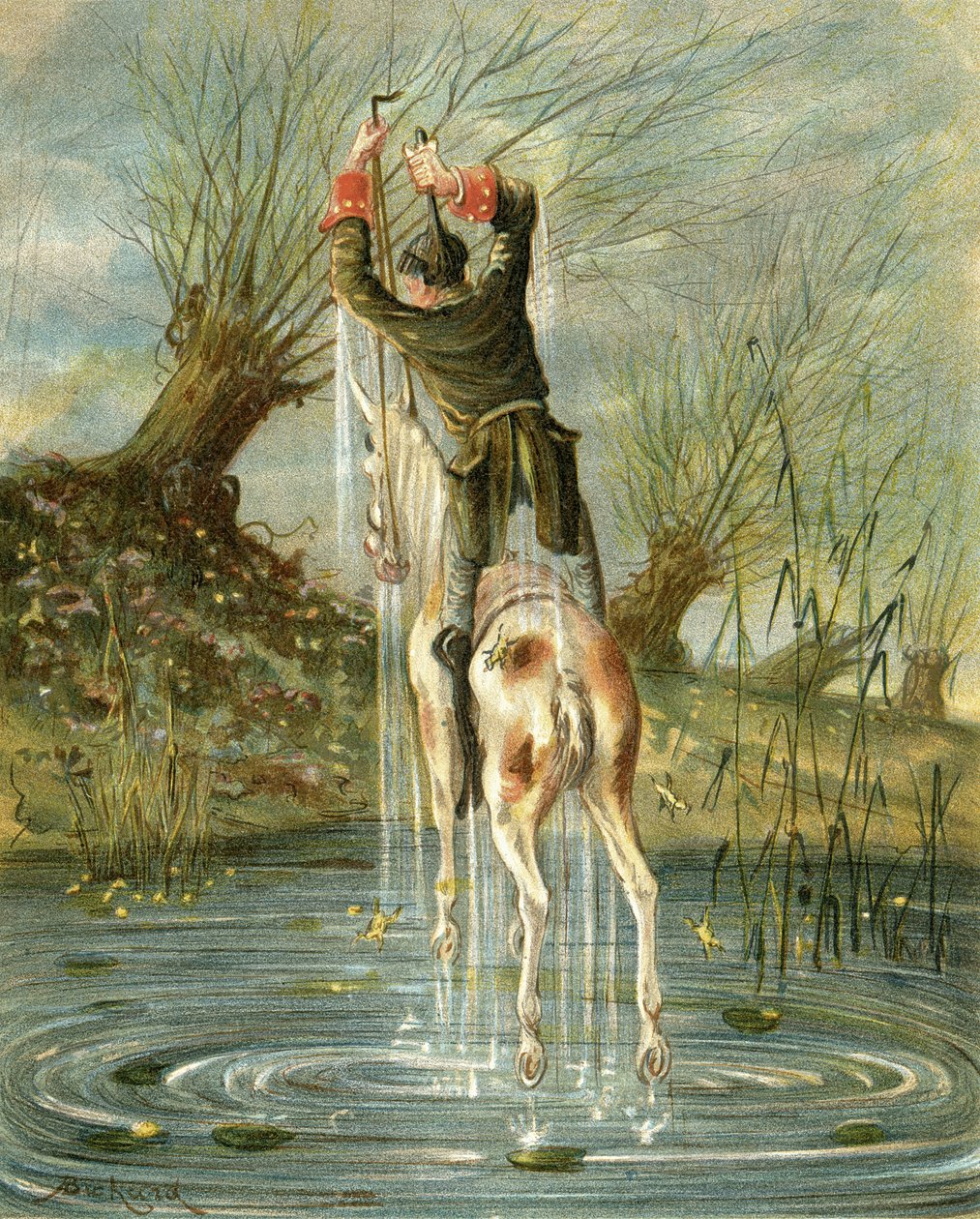 男爵Munchausen的卓越飞跃，来自Rudolf Erich Raspe（1736-94）的“男爵Munchausen历险记”发表于c.1886 作者 阿方斯·阿道夫·比哈德