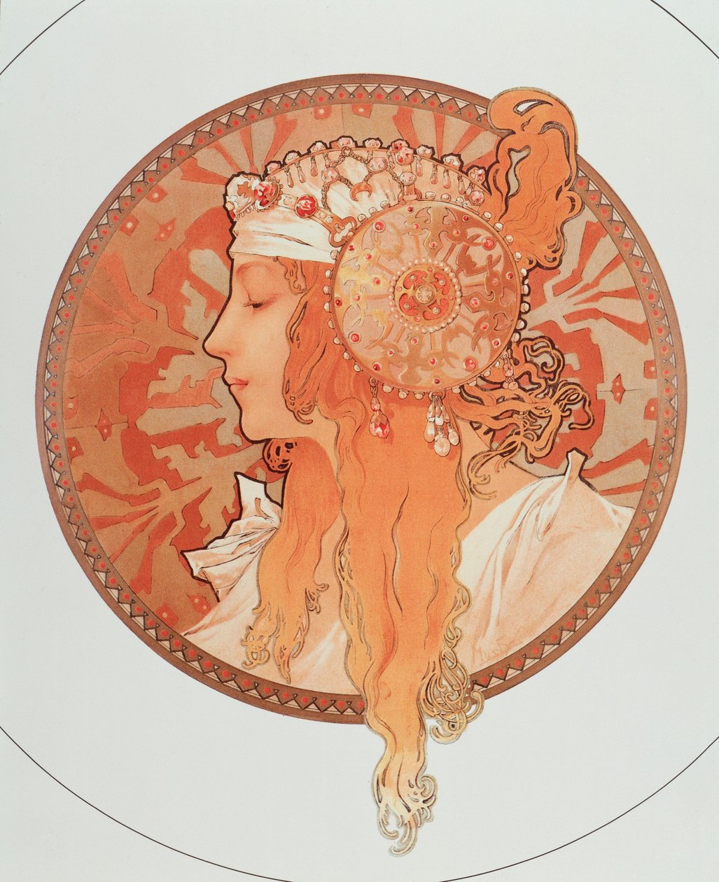 金发石版画系列“”拜占庭头像“”由Alphonse Mucha（1860-1939），1897年 - “”金发女郎“来自一系列名为”拜占庭头“的石版画作”Alphonse Mucha，1897 Diam 50 cm Private collec 作者 阿方斯·慕夏