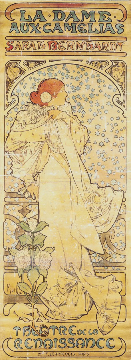 与山茶花的夫人，与莎拉伯恩哈特，1890年至1910年（石版画） 作者 阿方斯·慕夏