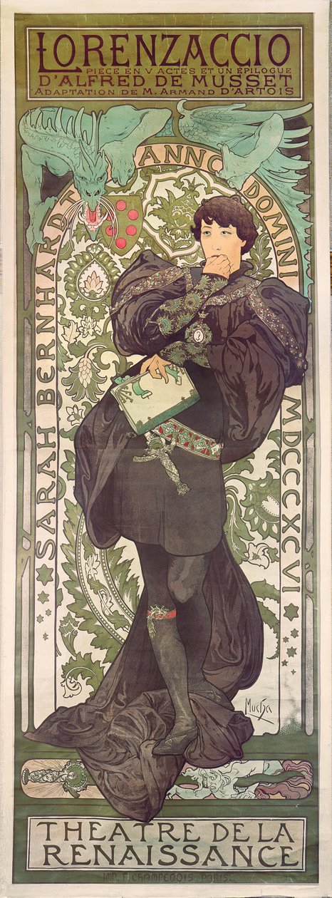 Lorenzaccio，与Sarah Bernhardt，文艺复兴时期的文艺复兴文艺复兴时期（海报），1896年（石版画） 作者 阿方斯·慕夏