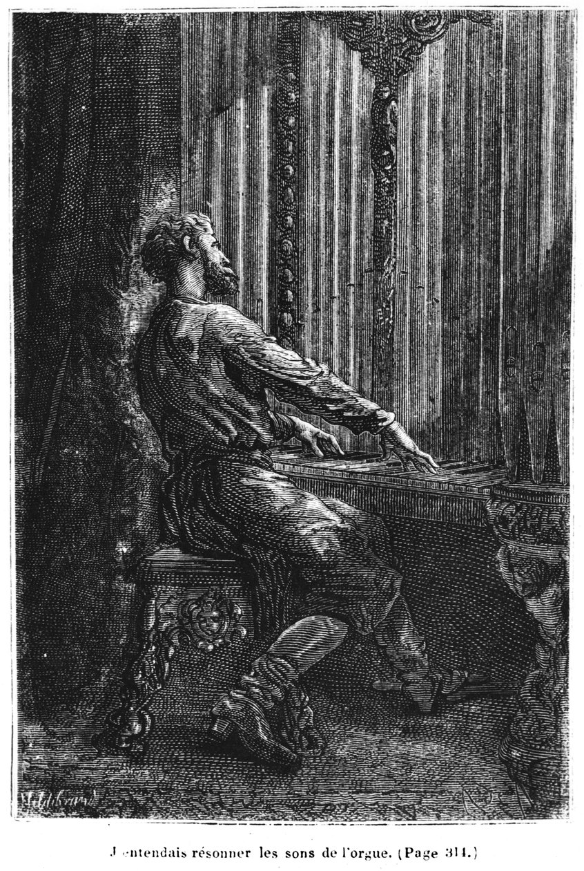 由Neles Theophile Hildibrand（1824-97）在巴黎，Hetzel，1877年出版的由Jules Verne（1828-1905）雕刻的“20,000海底联盟”中的Nemo上尉演奏管风琴。 作者 阿方斯·玛丽·德·诺伊维尔