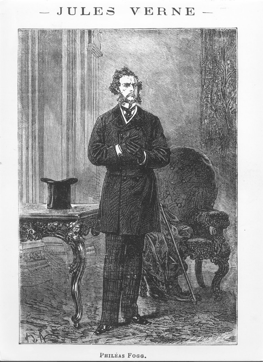 Phileas Fogg的肖像，来自Jules Verne（1828-1905）的“八十天环游世界”中的插图由Louis Dumont刻着（b.1822） 作者 阿方斯·玛丽·德·诺伊维尔