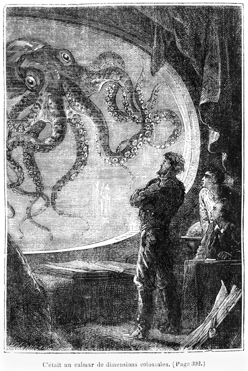 鹦鹉螺乘客，由Jules Verne（1828-1905）的&39;20,000海底联盟&39;插图由Henri Theophile Hildibrand（1824-97）雕刻，巴黎，Hetzel，1877年出版（bw pho 作者 阿方斯·玛丽·德·诺伊维尔