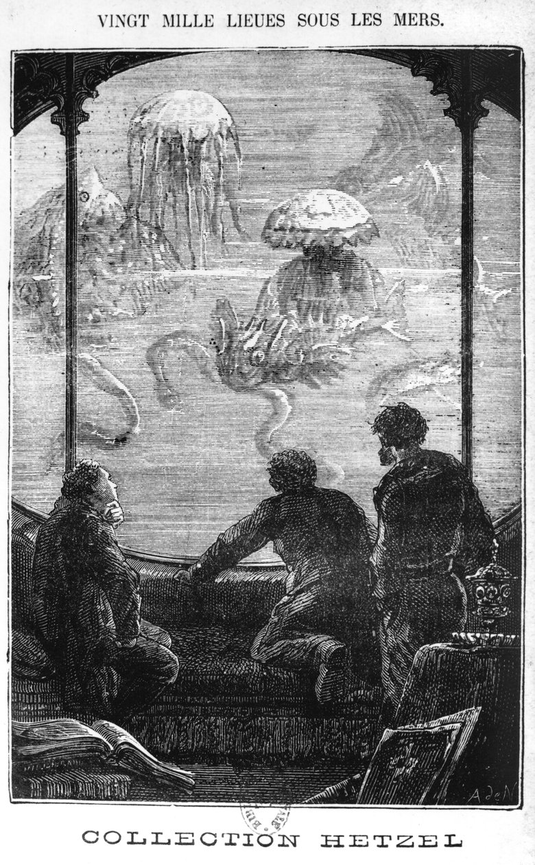 鹦鹉螺乘客，Jules Verne（1828-1905）的&39;20,000海底联盟&39;插图由Henri Theophile Hildibrand（1824-97）巴黎，Hetzel雕刻 作者 阿方斯·玛丽·德·诺伊维尔