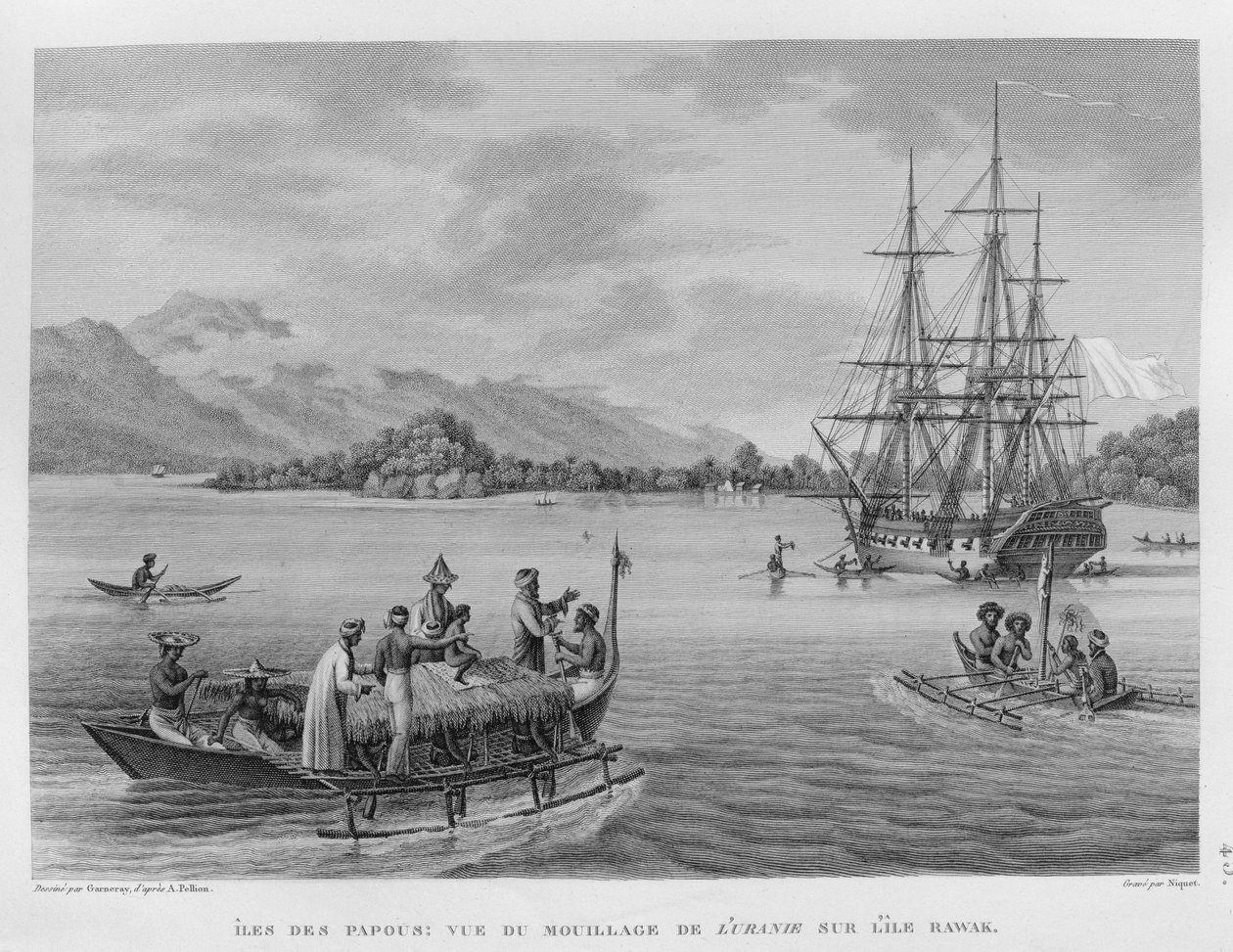 Papous Islands：由Rawak岛停泊的&39;Urania&39;的视图，由Niquet雕刻的&39;世界环绕的Urania 1817-20护卫舰&39;，1825年出版 作者 阿方斯·皮立翁