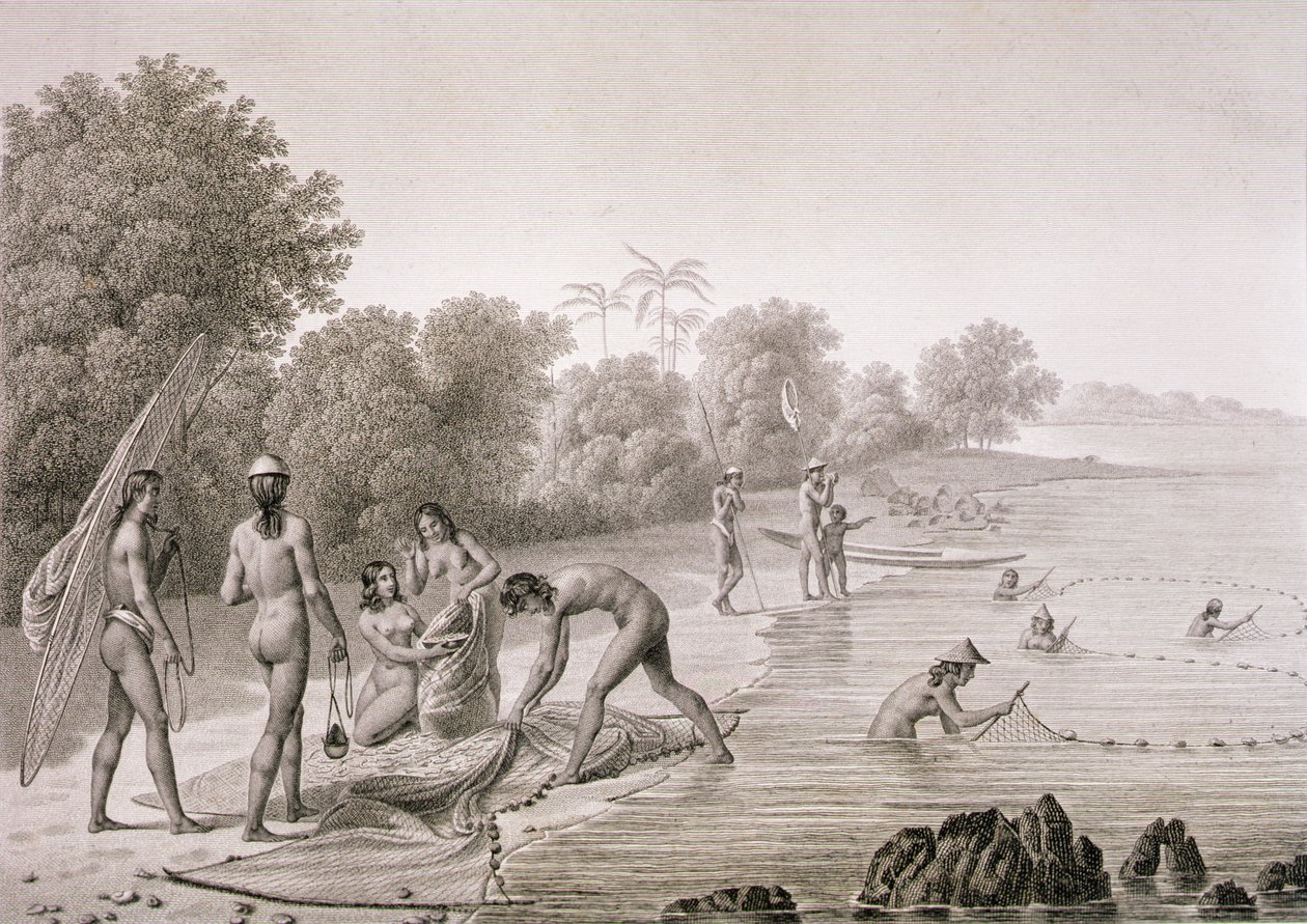 马里亚纳群岛当地人使用的传统捕鱼方法，摘自《世界之旅（1817-20）》，作者Louis Claude Desaulses de Freycinet（1779-1842），由Bovinet雕刻，1822-24年出版（平板）。 作者 阿尔方斯（后）Pellion