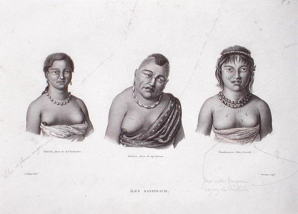 来自桑威奇群岛的夏威夷酋长的妻子，约1824年（雕刻）。 作者 阿尔方斯（后）Pellion