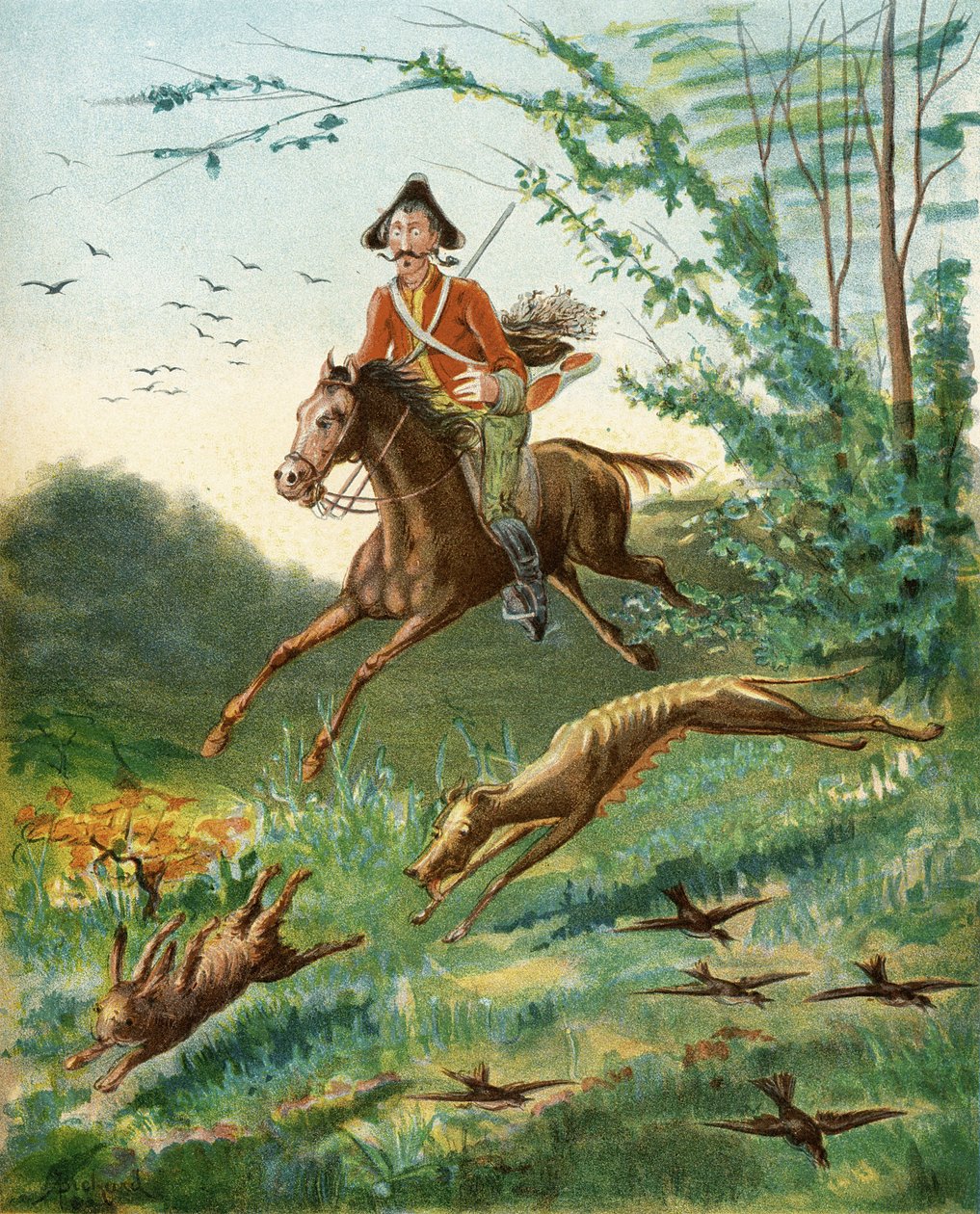 来自鲁道夫·埃里希·拉斯佩（Rudolf Erich Raspe，1736-94）的“男爵Munchausen历险记”的八条野兔的轶事发表于c.1886（彩色光刻） 作者 