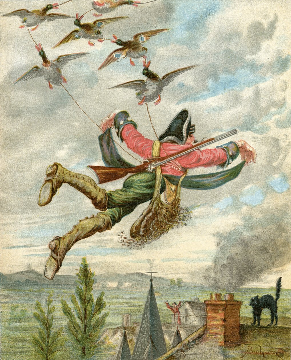 鸭子从地上抬起来，出自鲁道夫-埃里希-拉斯佩（1736-94）的《蒙乔生男爵历险记》，约1886年出版（彩色平版印刷）。 作者 阿方斯·阿道夫·比哈德