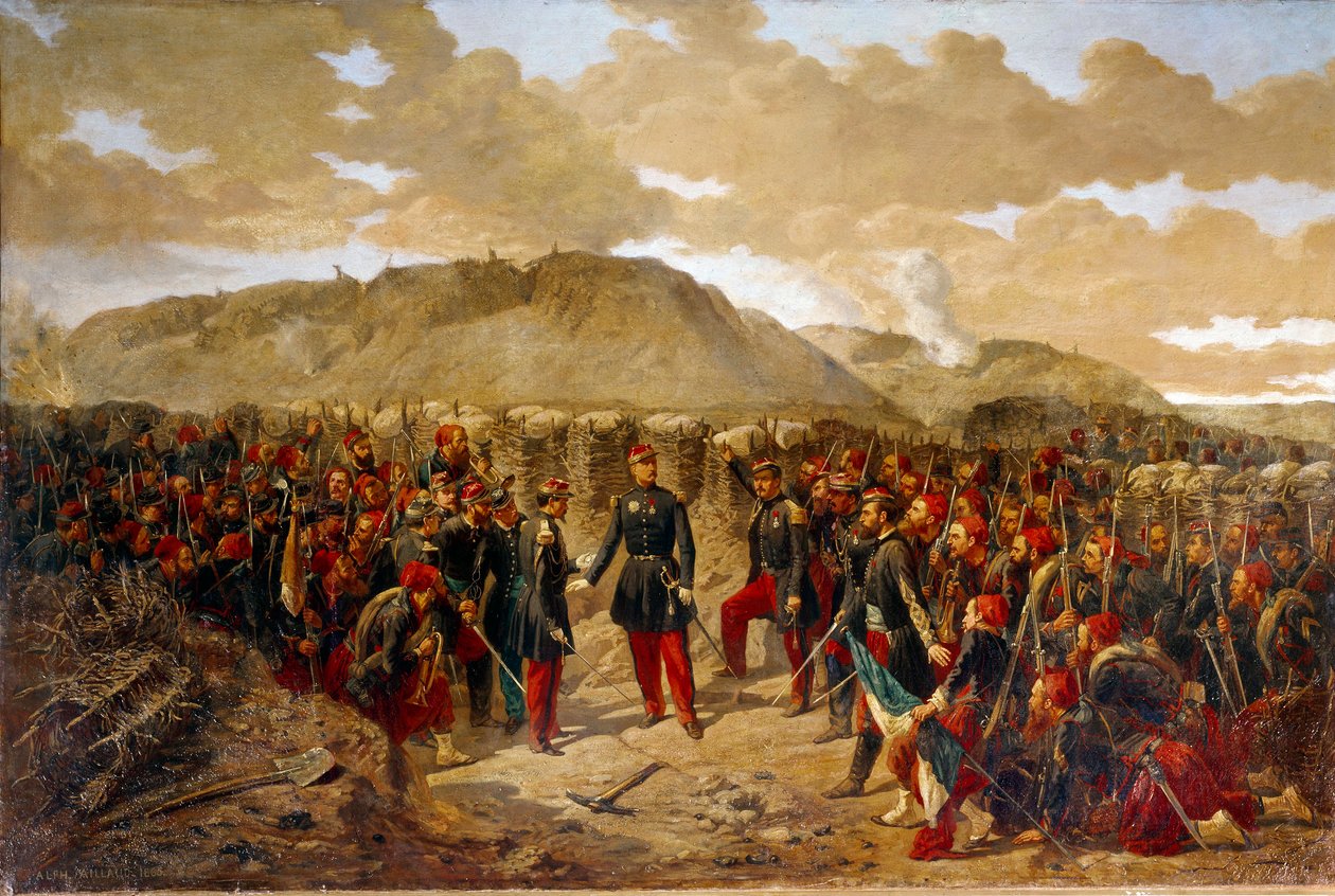 克里米亚战争（1853-1856 年）："麦克马洪将军（1808-1898 年）在攻占马拉科夫红色堡垒之前，向科利诺上校的第一冲锋队下达了最后指示。阿尔方斯-艾尔的画作 作者 阿尔方斯·安托万·阿约