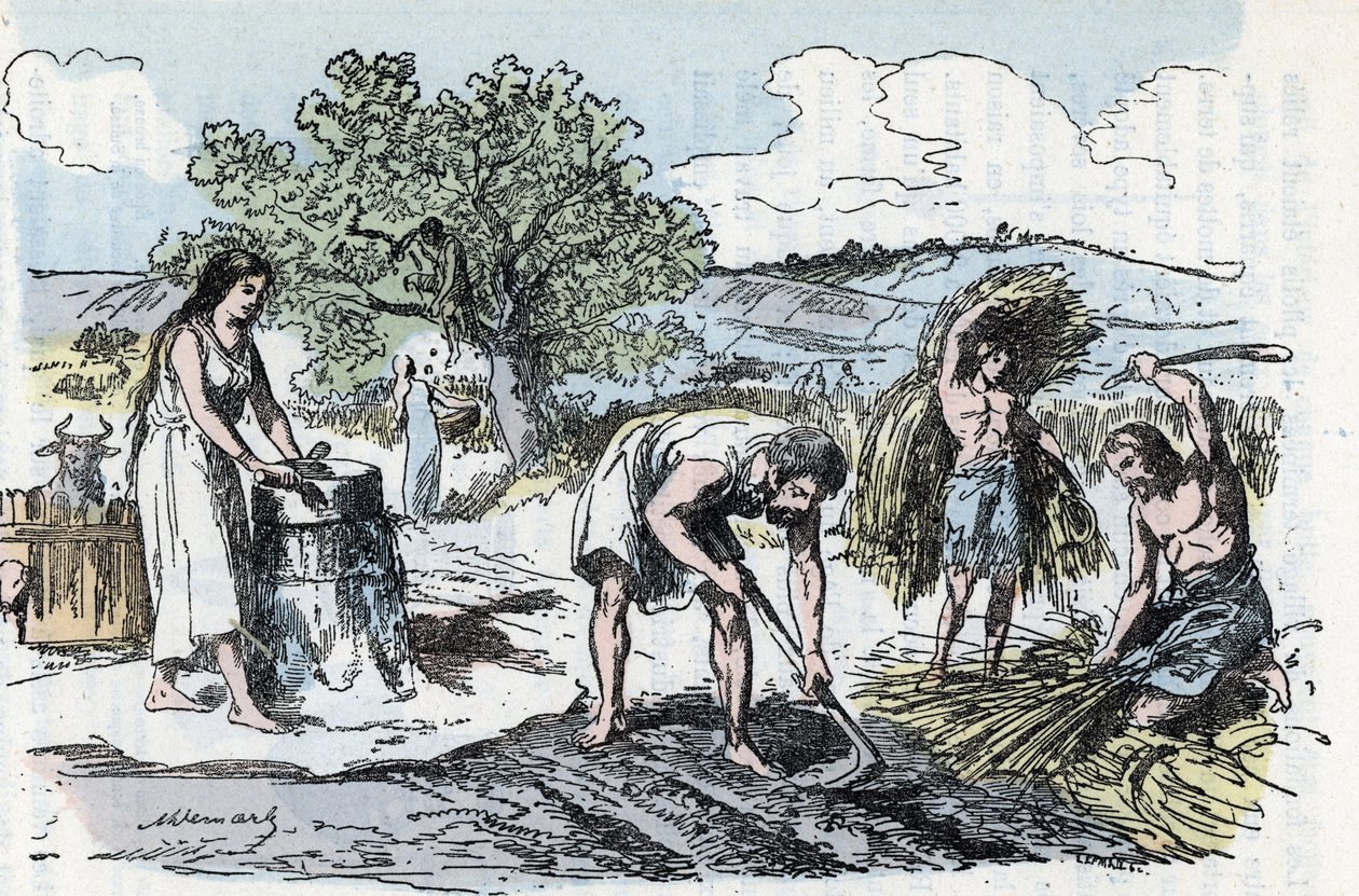 史前时代的日常生活：铁器时代的农业劳动场景 1881 年伦加德《自然与人类》中的雕刻 私人收藏 作者 阿方斯·德马尔