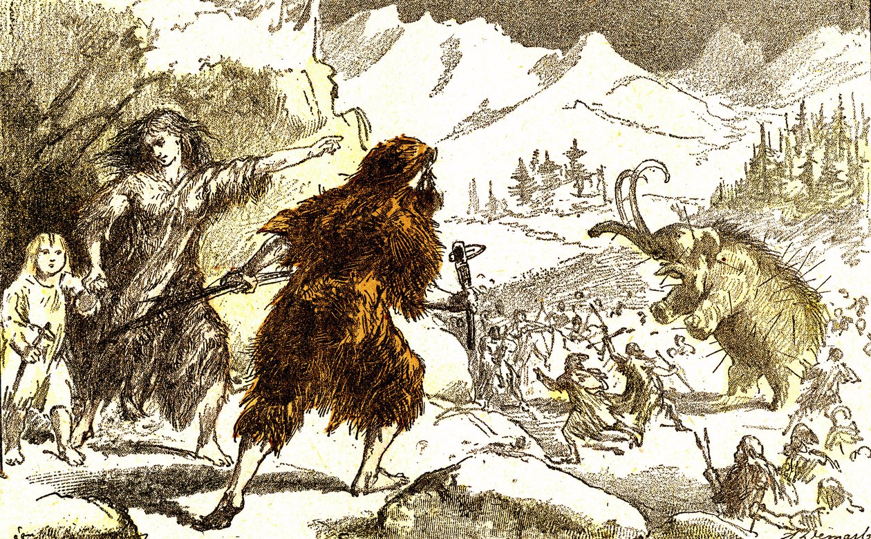 史前--捕食猛犸象。冰河时期：自然造物和生物。A. Demarle 绘制。1885 作者 阿方斯·德马尔
