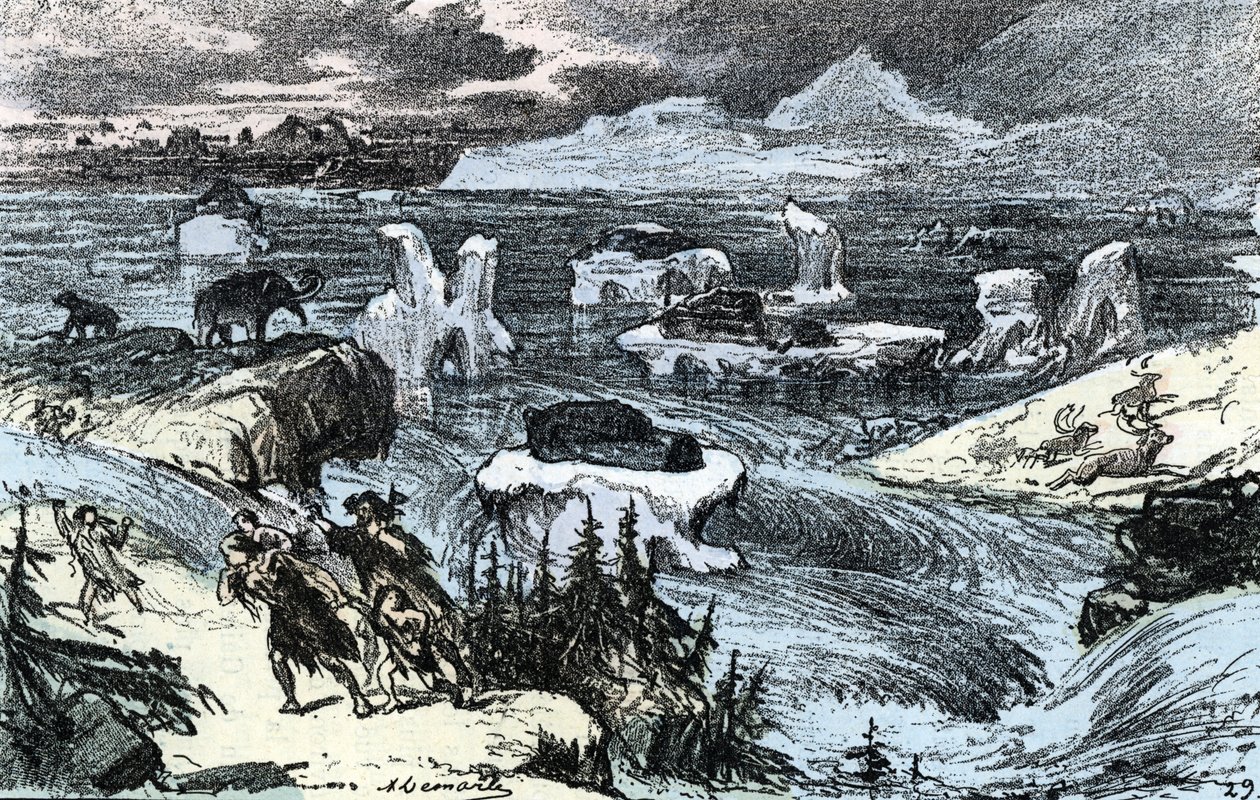 史前时期； 冰河时代末期中欧的洪水 伦加德《自然与人》版画 1881 年 私人收藏 作者 阿方斯·德马尔