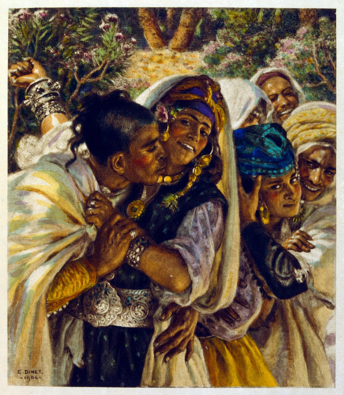 Dinet 绘制的插图，选自《海市蜃楼》中的阿拉伯生活场景。1906.Mirages, Scenes De La Vie Arab》由艾蒂安-迪内绘制插图，西尔曼-本-易卜拉欣-巴梅尔撰写评论。纳斯雷丁-迪内出生时的名字是阿尔方斯-艾蒂安-迪内（1861-1929 年），他是一位法国画家，也是一位阿拉伯画家。 作者 阿方斯·艾蒂安·迪内