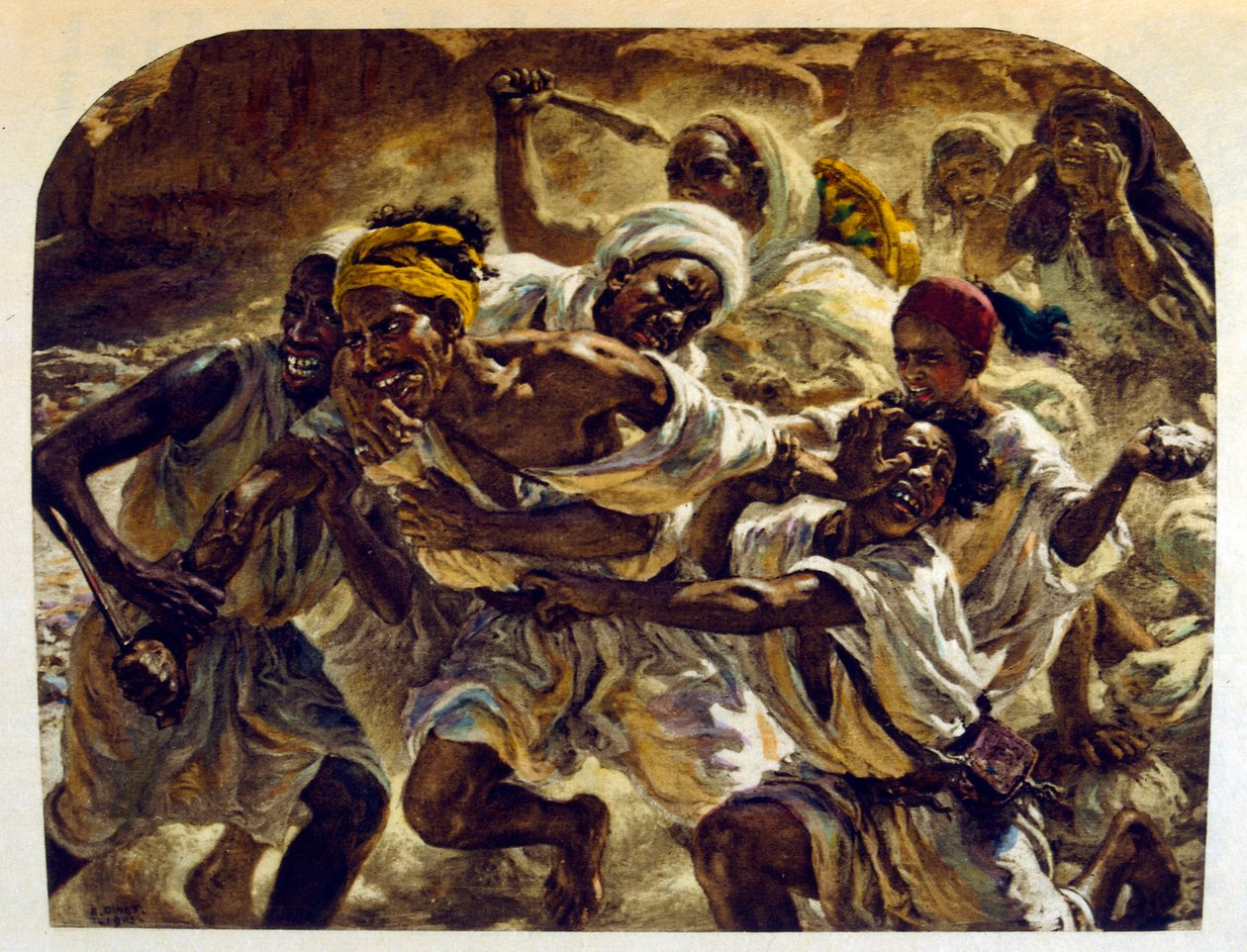 Dinet 绘制的插图，选自《海市蜃楼》中的阿拉伯生活场景。1906.Mirages, Scenes De La Vie Arab》由艾蒂安-迪内绘制插图，西尔曼-本-易卜拉欣-巴梅尔撰写评论。纳斯雷丁-迪内出生时的名字是阿尔方斯-艾蒂安-迪内（1861-1929 年），是一位法国作家。 作者 阿方斯·艾蒂安·迪内