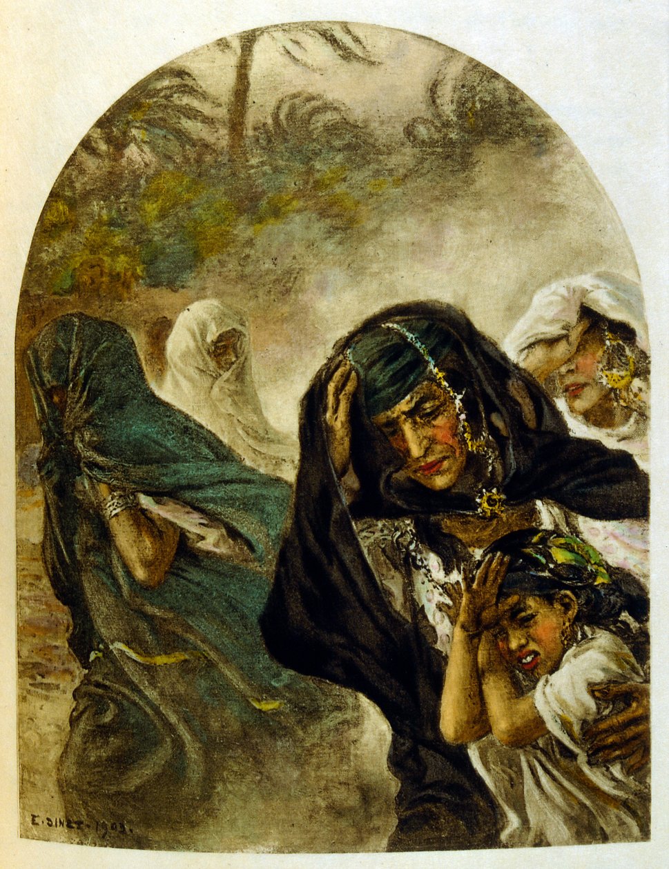 Dinet 绘制的插图，选自《海市蜃楼》中的阿拉伯生活场景。1906.Mirages, Scenes De La Vie Arab》由艾蒂安-迪内绘制插图，西尔曼-本-易卜拉欣-巴梅尔撰写评论。纳斯雷丁-迪内出生时的名字是阿尔方斯-艾蒂安-迪内（1861-1929 年），是一位法国作家。 作者 阿方斯·艾蒂安·迪内