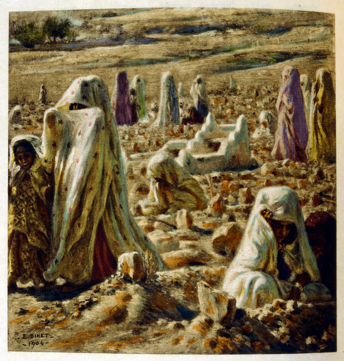 Dinet 绘制的插图，选自《海市蜃楼》中的阿拉伯生活场景。1906.Mirages, Scenes De La Vie Arab》由艾蒂安-迪内绘制插图，西尔曼-本-易卜拉欣-巴梅尔撰写评论。纳斯雷丁-迪内出生时的名字是阿尔方斯-艾蒂安-迪内（1861-1929 年），他是一位法国画家，也是一位阿拉伯画家。 作者 阿方斯·艾蒂安·迪内