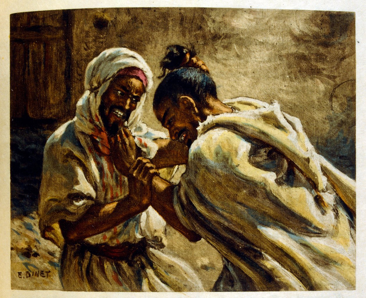 Dinet 绘制的插图，选自《海市蜃楼》中的阿拉伯生活场景。1906.Mirages, Scenes De La Vie Arab》由艾蒂安-迪内绘制插图，西尔曼-本-易卜拉欣-巴梅尔撰写评论。纳斯雷丁-迪内出生时的名字是阿尔方斯-艾蒂安-迪内（1861-1929 年），是一位法国作家。 作者 阿方斯·艾蒂安·迪内