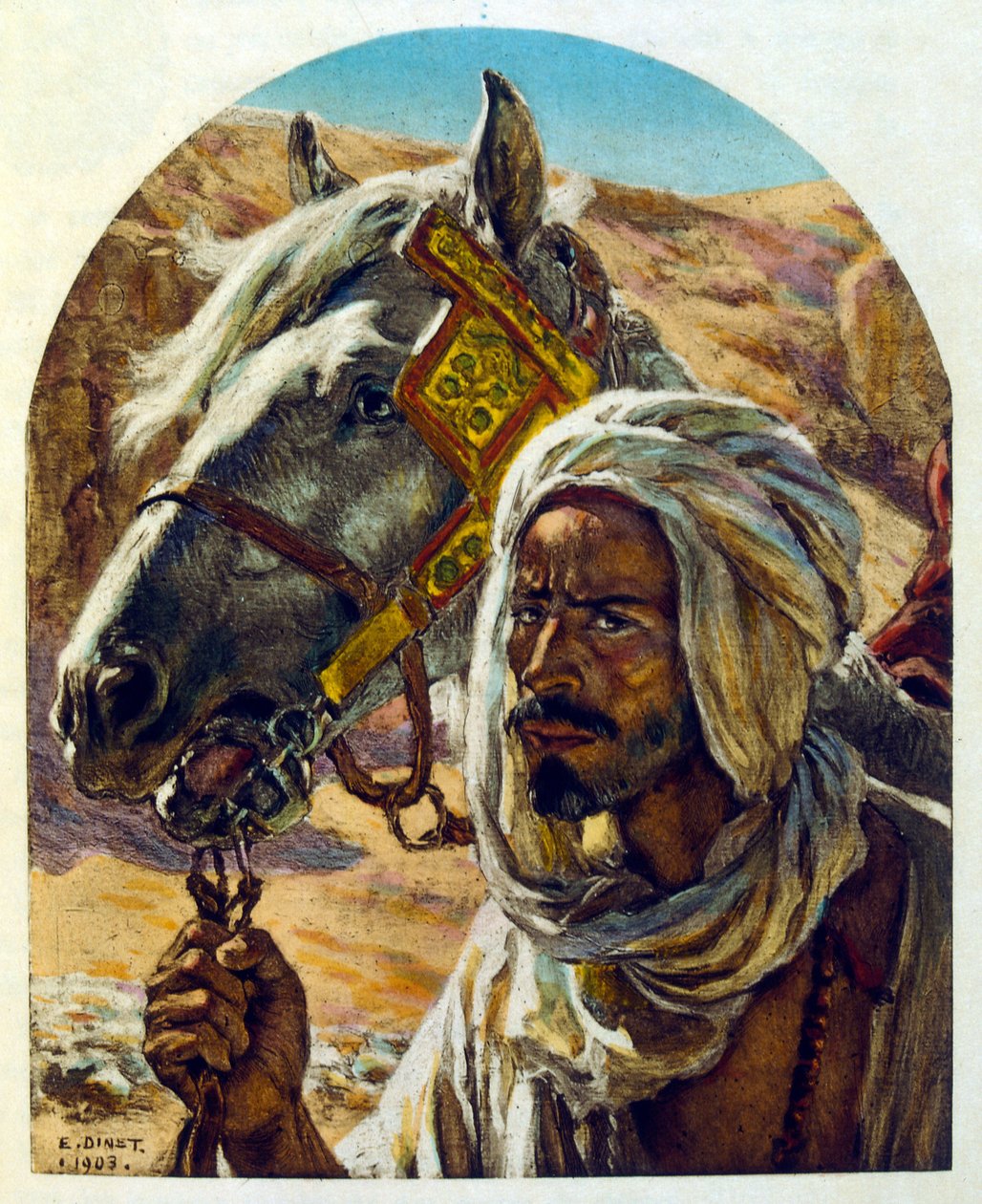 Dinet 绘制的插图，选自《海市蜃楼》中的阿拉伯生活场景。1906.Mirages, Scenes De La Vie Arab》由艾蒂安-迪内绘制插图，西尔曼-本-易卜拉欣-巴梅尔撰写评论。纳斯雷丁-迪内出生时的名字是阿尔方斯-艾蒂安-迪内（1861-1929 年），他是一位法国画家，也是一位阿拉伯画家。 作者 阿方斯·艾蒂安·迪内