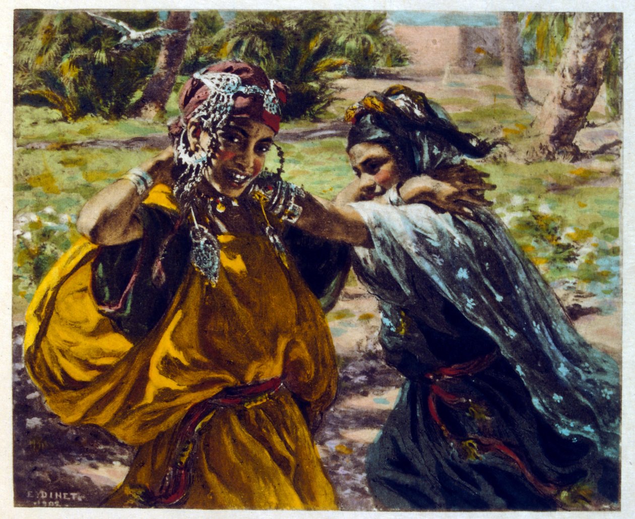 Dinet 的插图来自“海市蜃楼”阿拉伯生活场景。 1906 年，《海市蜃楼》《阿拉伯生活场景》由艾蒂安·迪内 (Etienne Dinet) 绘制插图，并由西尔曼·本·易卜拉欣·巴默 (Silman Ben Ibrahim Bamer) 进行评论。 纳斯雷丁·迪内 (Nasreddine Dinet) 出生时原名阿尔丰斯·艾蒂安·迪内 (Alphonse-Étienne Dinet)； （1861-1929）是法国东方人 作者 阿方斯·艾蒂安·迪内