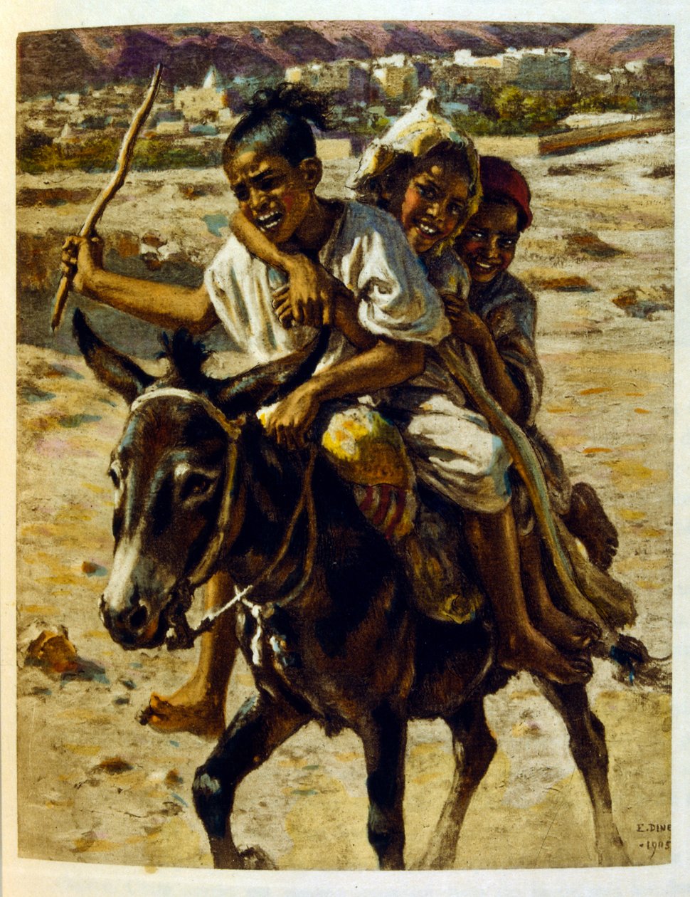 Dinet 绘制的插图，选自《海市蜃楼》中的阿拉伯生活场景。1906.Mirages, Scénes De La Vie Arab》由艾蒂安-迪内特绘制插图，西尔曼-本-易卜拉欣-巴默尔撰写评论。纳斯雷丁-迪内出生时的名字是阿尔方斯-艾蒂安-迪内（1861-1929 年），法国画家。 作者 阿方斯·艾蒂安·迪内