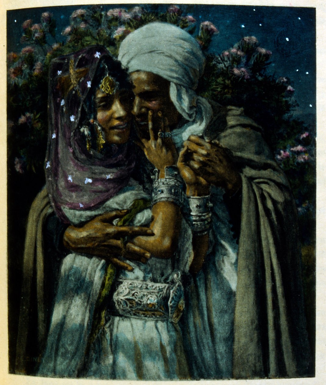 Dinet 绘制的插图，选自《海市蜃楼》中的阿拉伯生活场景。1906.Mirages, Scénes De La Vie Arab》由艾蒂安-迪内特绘制插图，西尔曼-本-易卜拉欣-巴默尔撰写评论。纳斯雷丁-迪内出生时的名字是阿尔方斯-艾蒂安-迪内（1861-1929 年），法国画家。 作者 阿方斯·艾蒂安·迪内