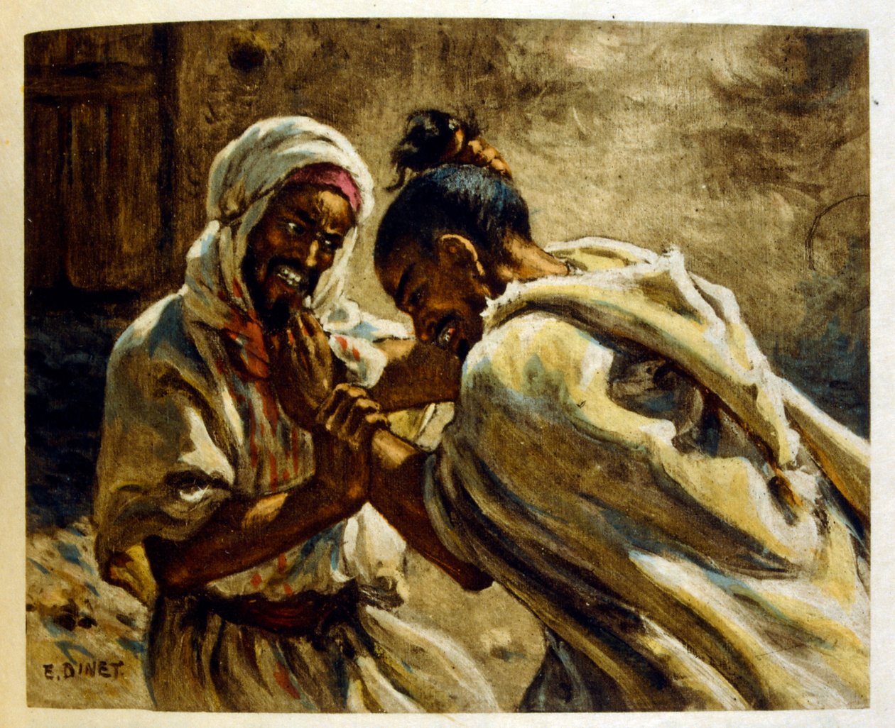 Dinet 绘制的插图，选自《海市蜃楼》中的阿拉伯生活场景。1906.Mirages, Scénes De La Vie Arab》由艾蒂安-迪内特绘制插图，西尔曼-本-易卜拉欣-巴默尔撰写评论。纳斯雷丁-迪内出生时的名字是阿尔方斯-艾蒂安-迪内（1861-1929 年），法国画家。 作者 阿方斯·艾蒂安·迪内