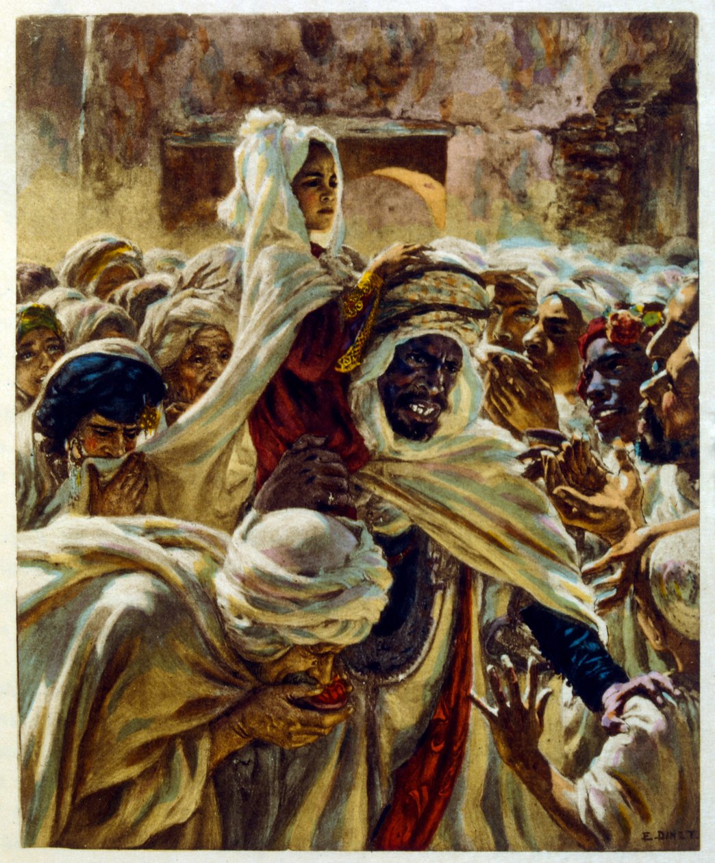 Dinet 绘制的插图，选自《海市蜃楼》中的阿拉伯生活场景。1906.Mirages, Scénes De La Vie Arab》由艾蒂安-迪内特绘制插图，西尔曼-本-易卜拉欣-巴默尔撰写评论。纳斯雷丁-迪内出生时的名字是阿尔方斯-艾蒂安-迪内（1861-1929 年），法国画家。 作者 阿方斯·艾蒂安·迪内