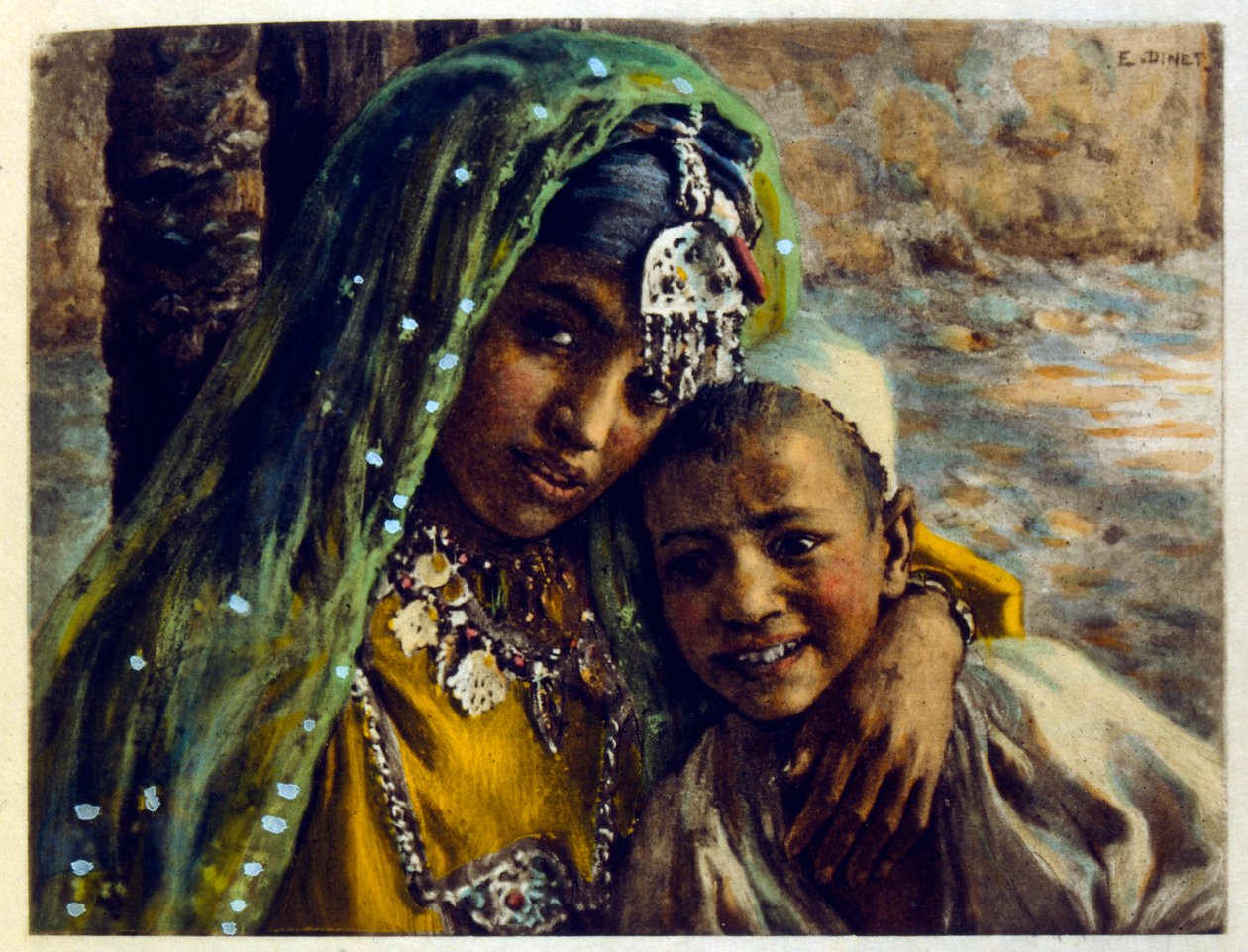 Dinet 绘制的插图，选自《海市蜃楼》中的阿拉伯生活场景。1906.Mirages, Scénes De La Vie Arab》由艾蒂安-迪内特绘制插图，西尔曼-本-易卜拉欣-巴默尔撰写评论。纳斯雷丁-迪内出生时的名字是阿尔方斯-艾蒂安-迪内（1861-1929 年），法国画家。 作者 阿方斯·艾蒂安·迪内