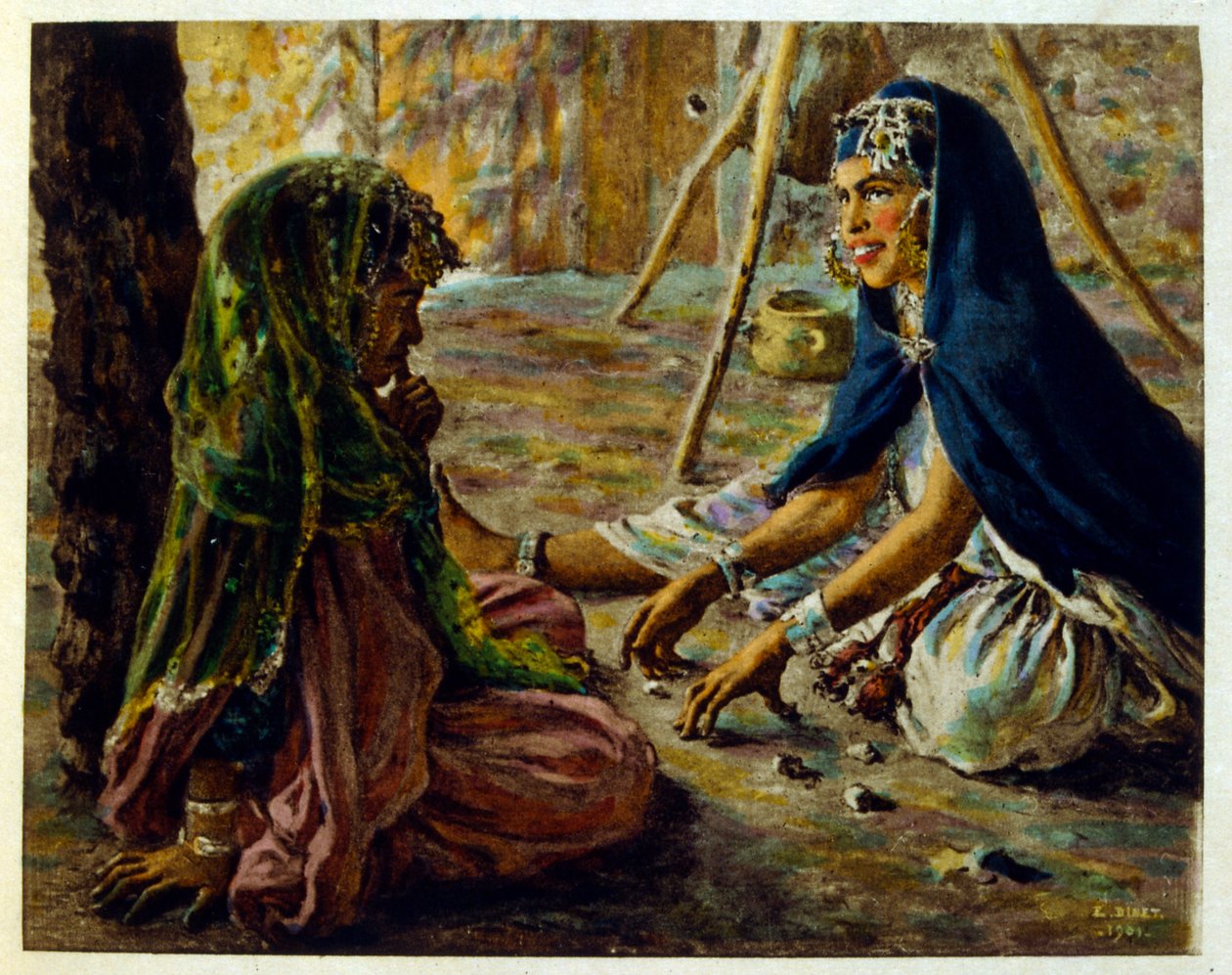 Dinet 绘制的插图，选自《海市蜃楼》中的阿拉伯生活场景。1906.Mirages, Scénes De La Vie Arab》由艾蒂安-迪内特绘制插图，西尔曼-本-易卜拉欣-巴默尔撰写评论。纳斯雷丁-迪内出生时的名字是阿尔方斯-艾蒂安-迪内（1861-1929 年），法国画家。 作者 阿方斯·艾蒂安·迪内