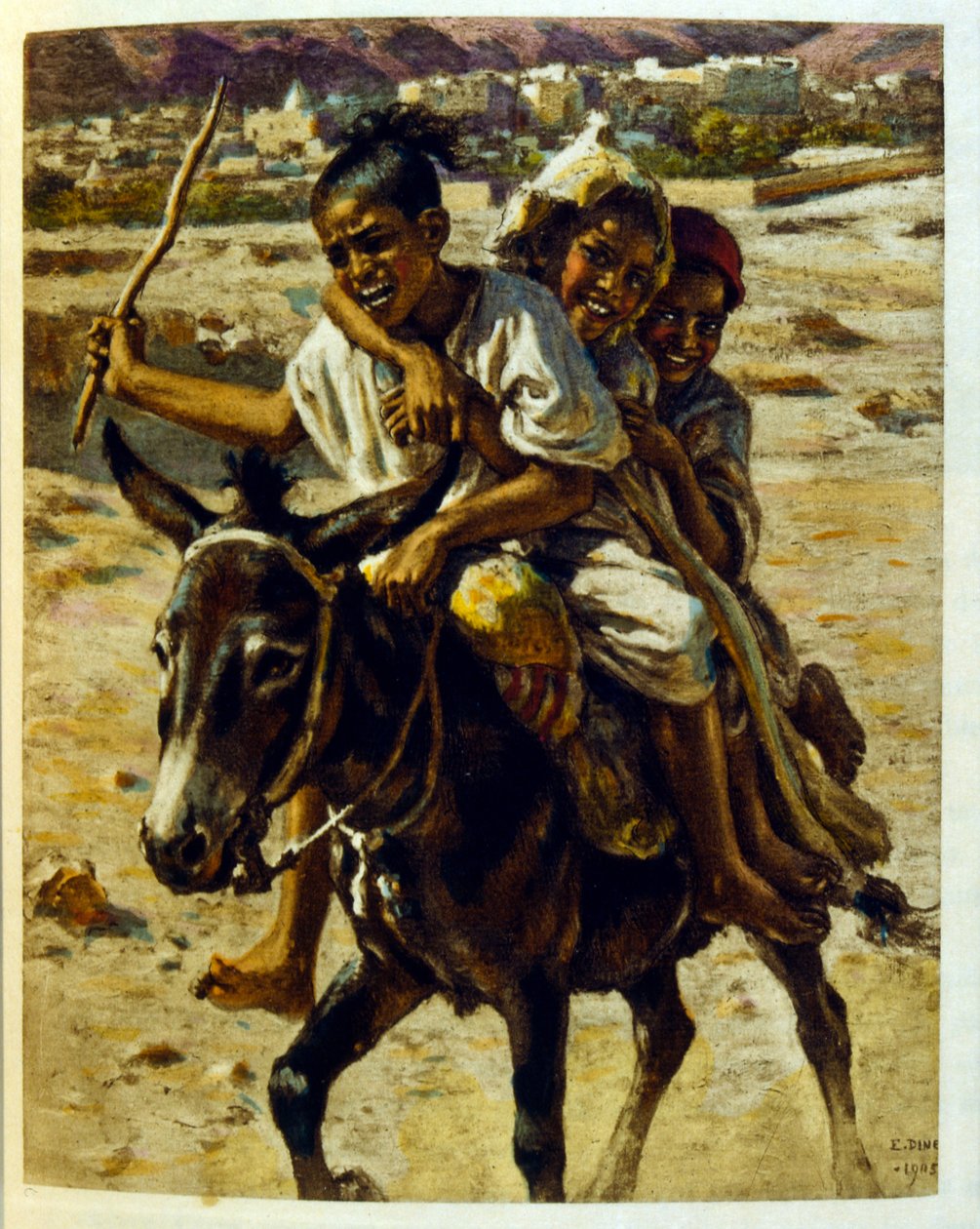 Dinet 绘制的插图，选自《海市蜃楼》中的阿拉伯生活场景。1906.Mirages, Scénes De La Vie Arab》由艾蒂安-迪内特绘制插图，西尔曼-本-易卜拉欣-巴默尔撰写评论。纳斯雷丁-迪内出生时的名字是阿尔方斯-艾蒂安-迪内（1861-1929 年），法国画家。 作者 阿方斯·艾蒂安·迪内