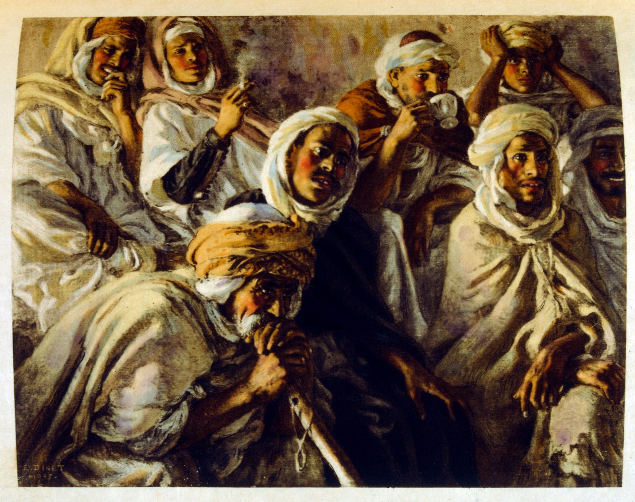 Dinet 绘制的插图，选自《海市蜃楼》中的阿拉伯生活场景。1906.Mirages, Scénes De La Vie Arab》由艾蒂安-迪内特绘制插图，西尔曼-本-易卜拉欣-巴默尔撰写评论。纳斯雷丁-迪内出生时的名字是阿尔方斯-艾蒂安-迪内（1861-1929 年），法国画家。 作者 阿方斯·艾蒂安·迪内