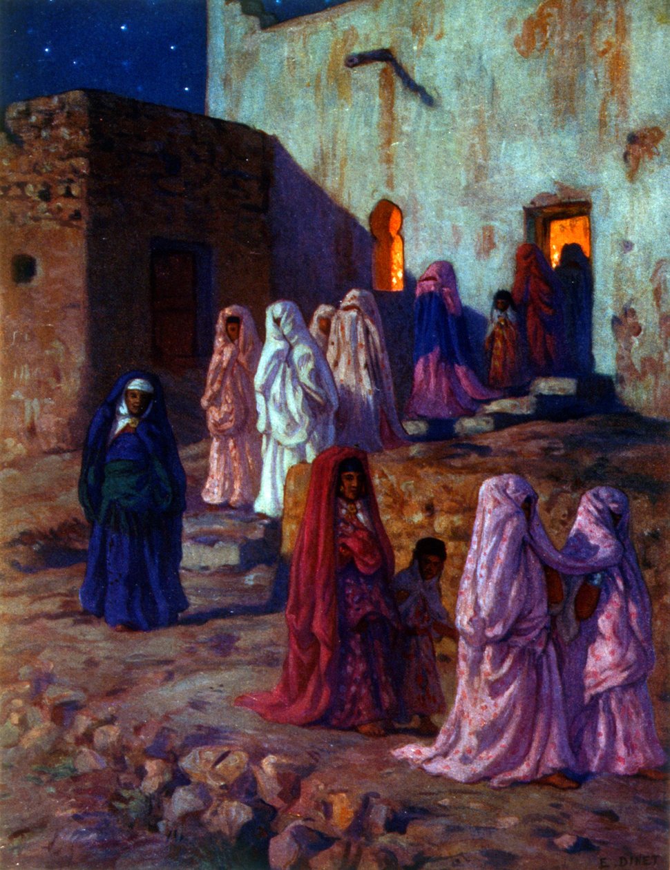 描绘穆斯林阿拉伯妇女庆祝“Mawlid”（先知诞生）的插图。 纪念伊斯兰先知穆罕默德的生日。 作者：纳斯雷丁·迪内 (Alphonse-Étienne Dinet)。 1861 1929。法国东方主义画家。 1918年。 作者 阿方斯·艾蒂安·迪内